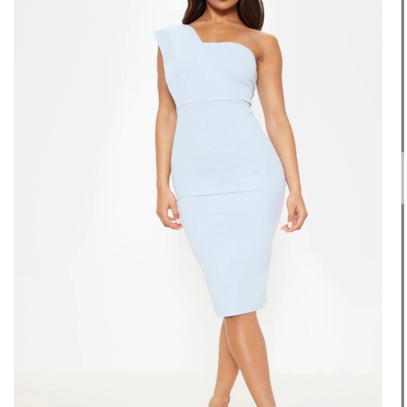 dusty blue one shoulder drape midi dress Lunetta Twist Strap Dress in Dusty Blue